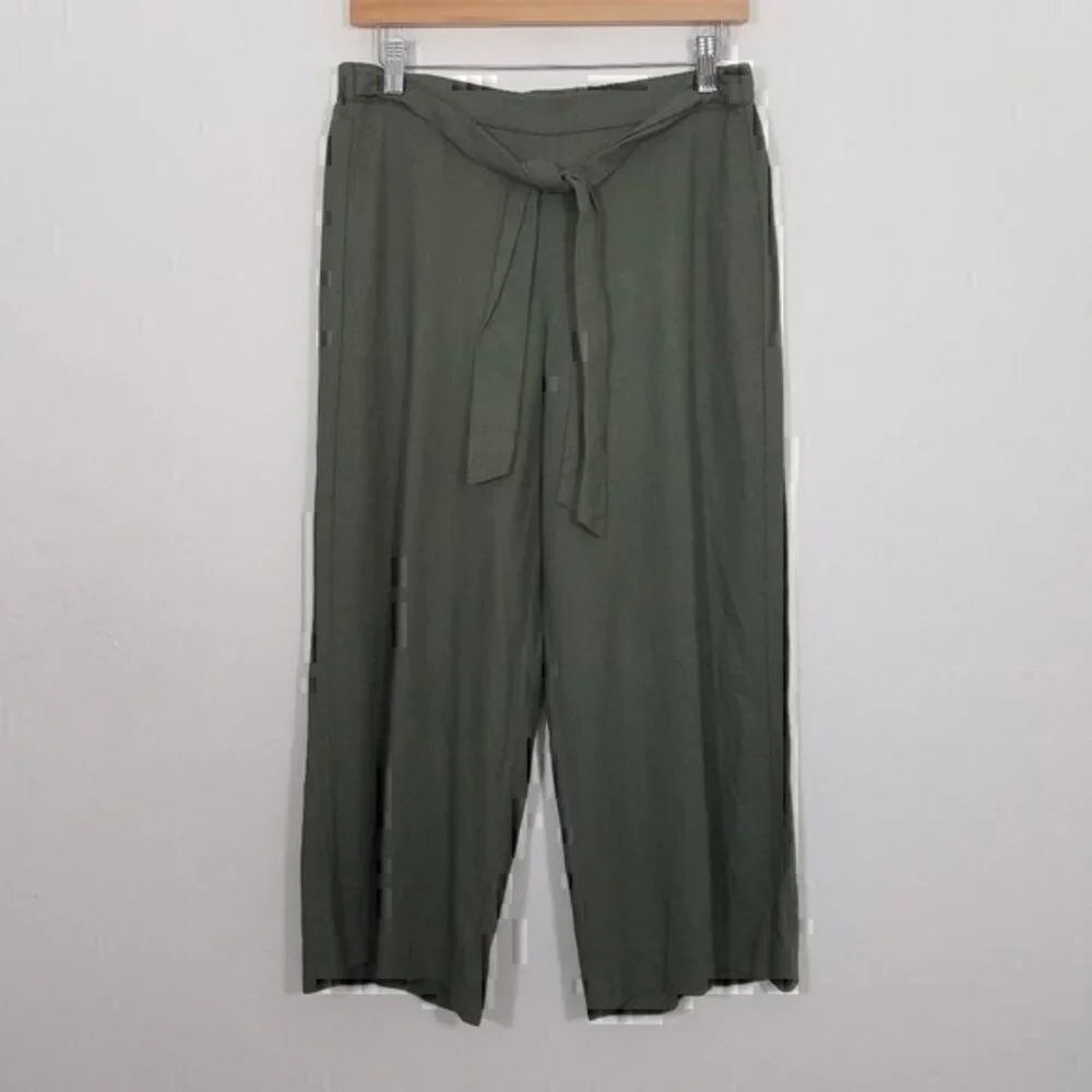 NWT Calvin Klein Linen Blend Wide Leg Crop Pants Green Size 6